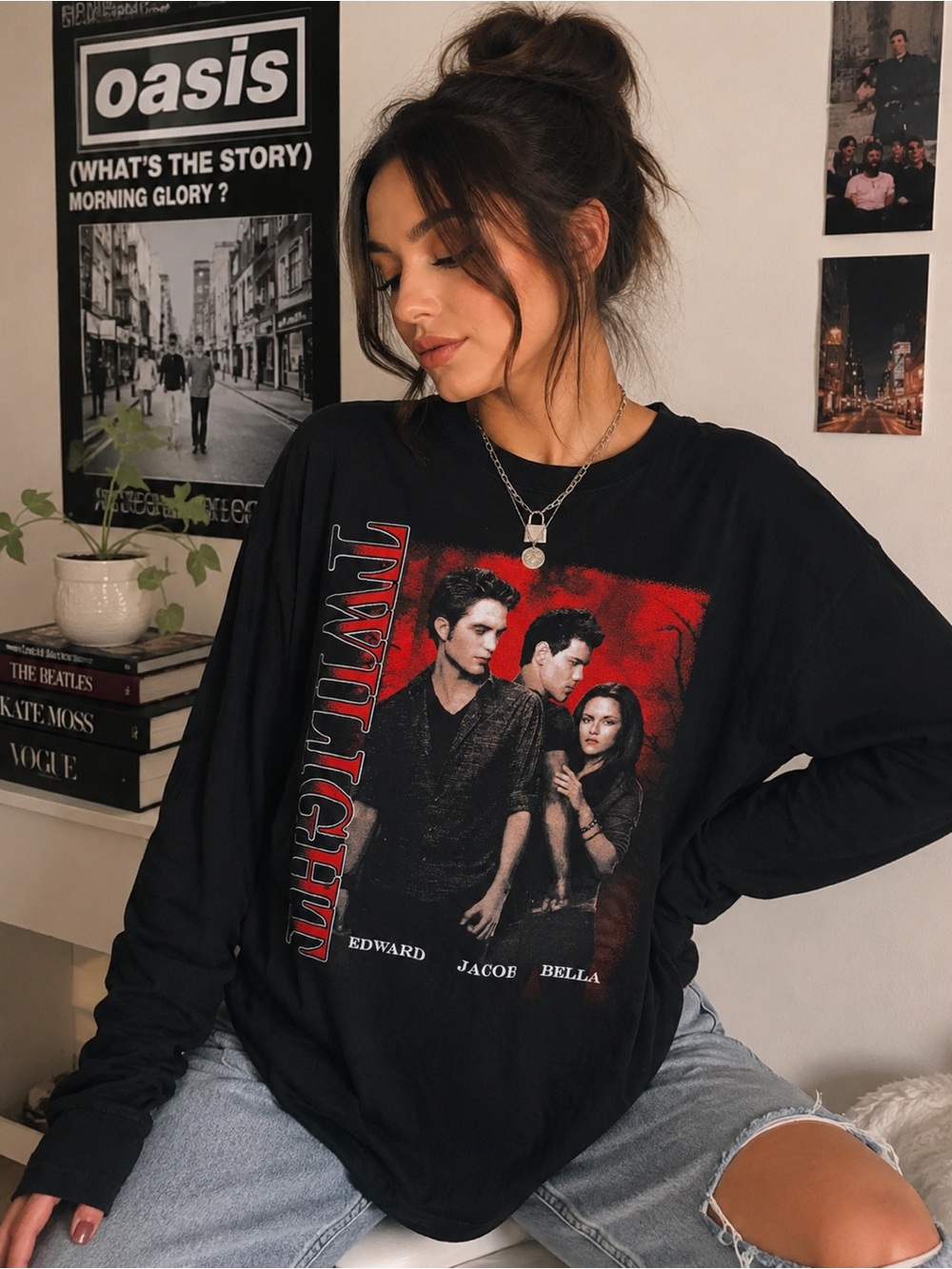 Twilight Saga Big 3 Edward Jacob Bella Black Graphic Long Sleeve Tee XL Unisex